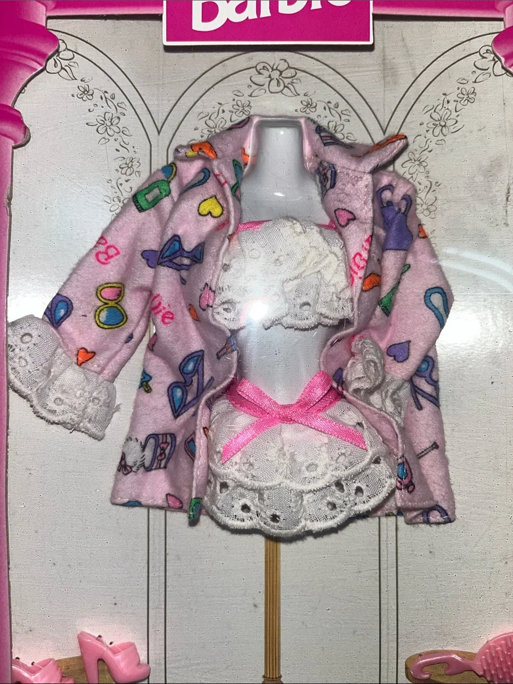 Mattel Barbie Pink Printed Robe with White Lace Lingerie Set